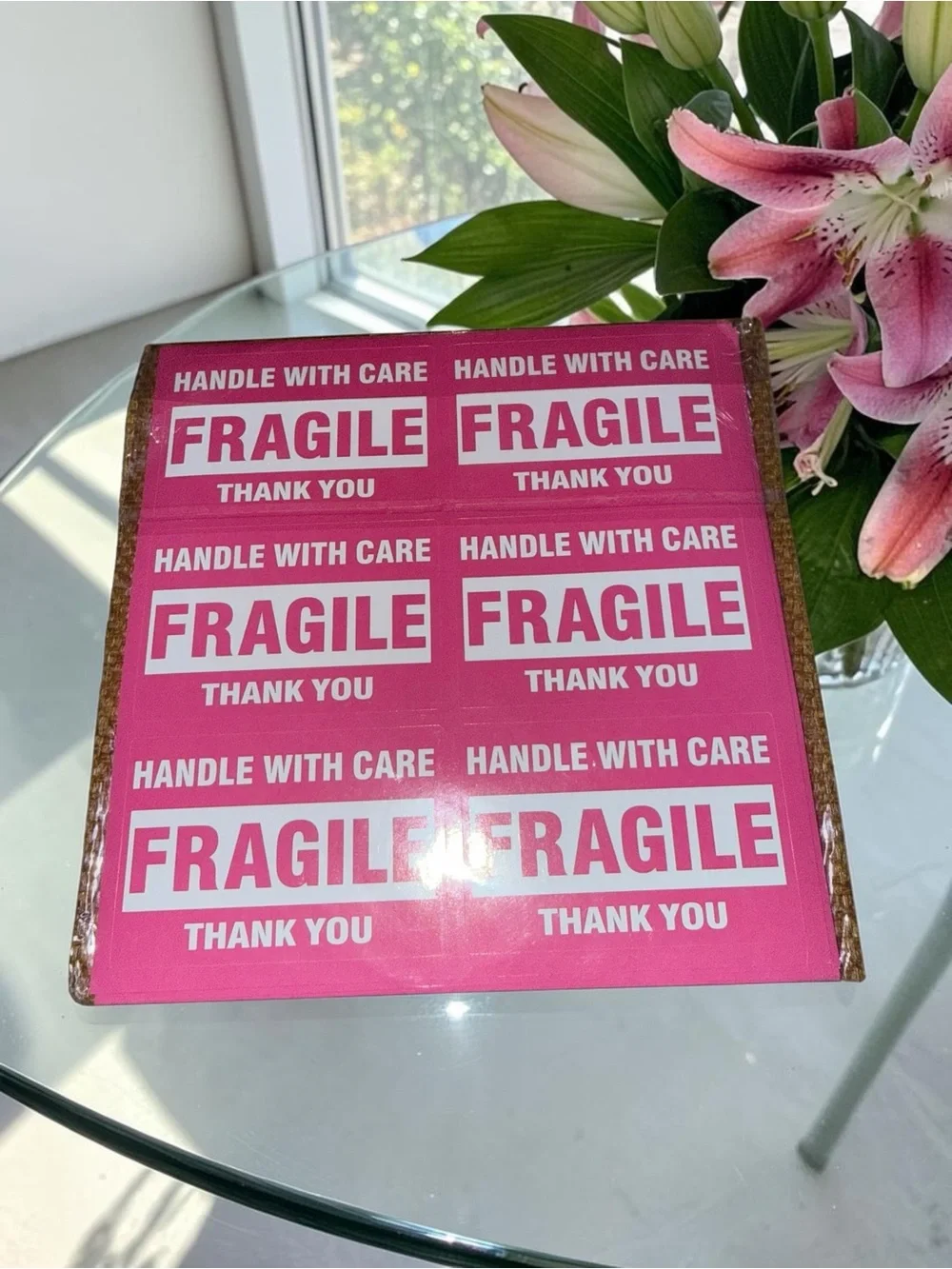 Handle With Care Light Pink Fragile Stickers 60 count